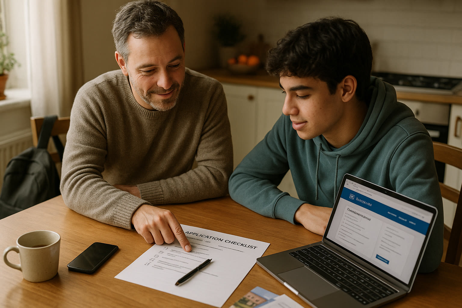 Photo Idea : A parent and student reviewing an application checklist together on a kitchen table, laptop open to an admissions portal, with a relaxed, collaborative mood.
