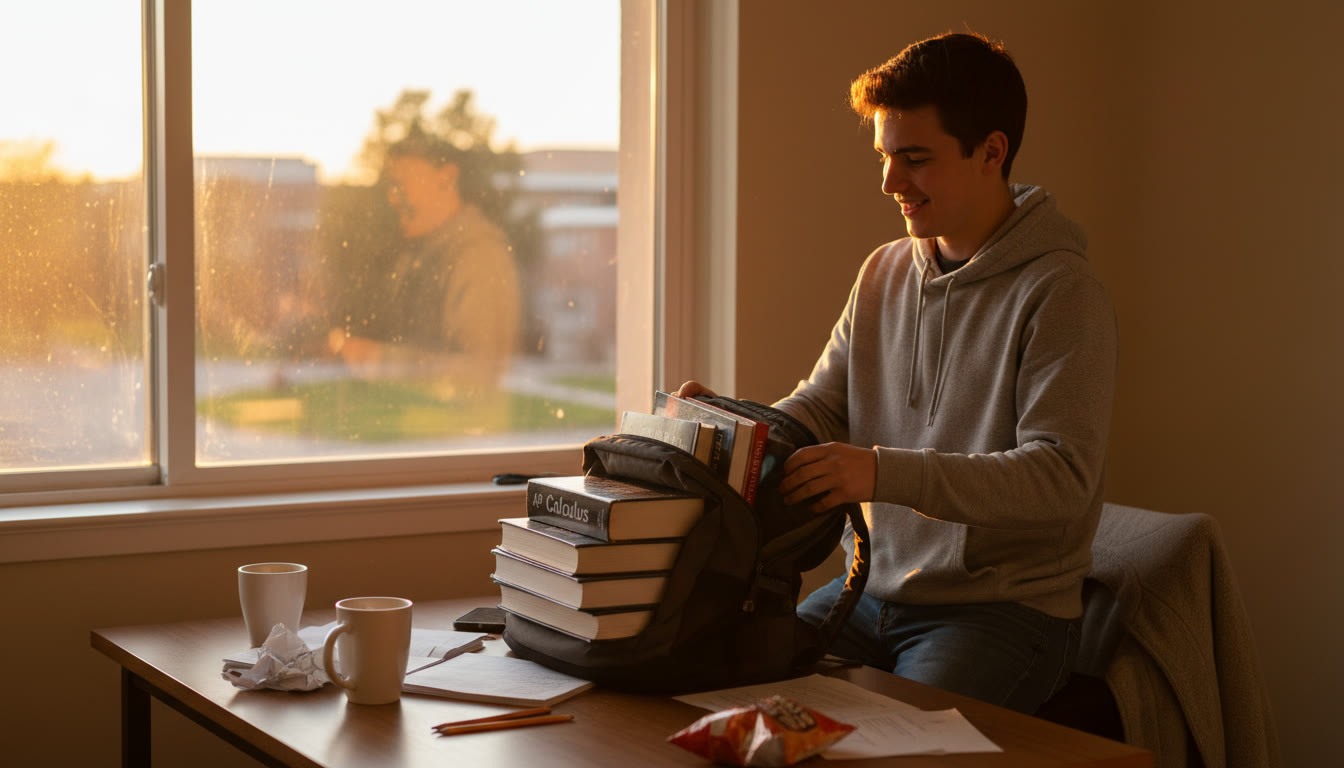 Photo Idea : A student at a desk packing away books as golden hour light pours through the window—conveys transition from study mode to recovery mode.