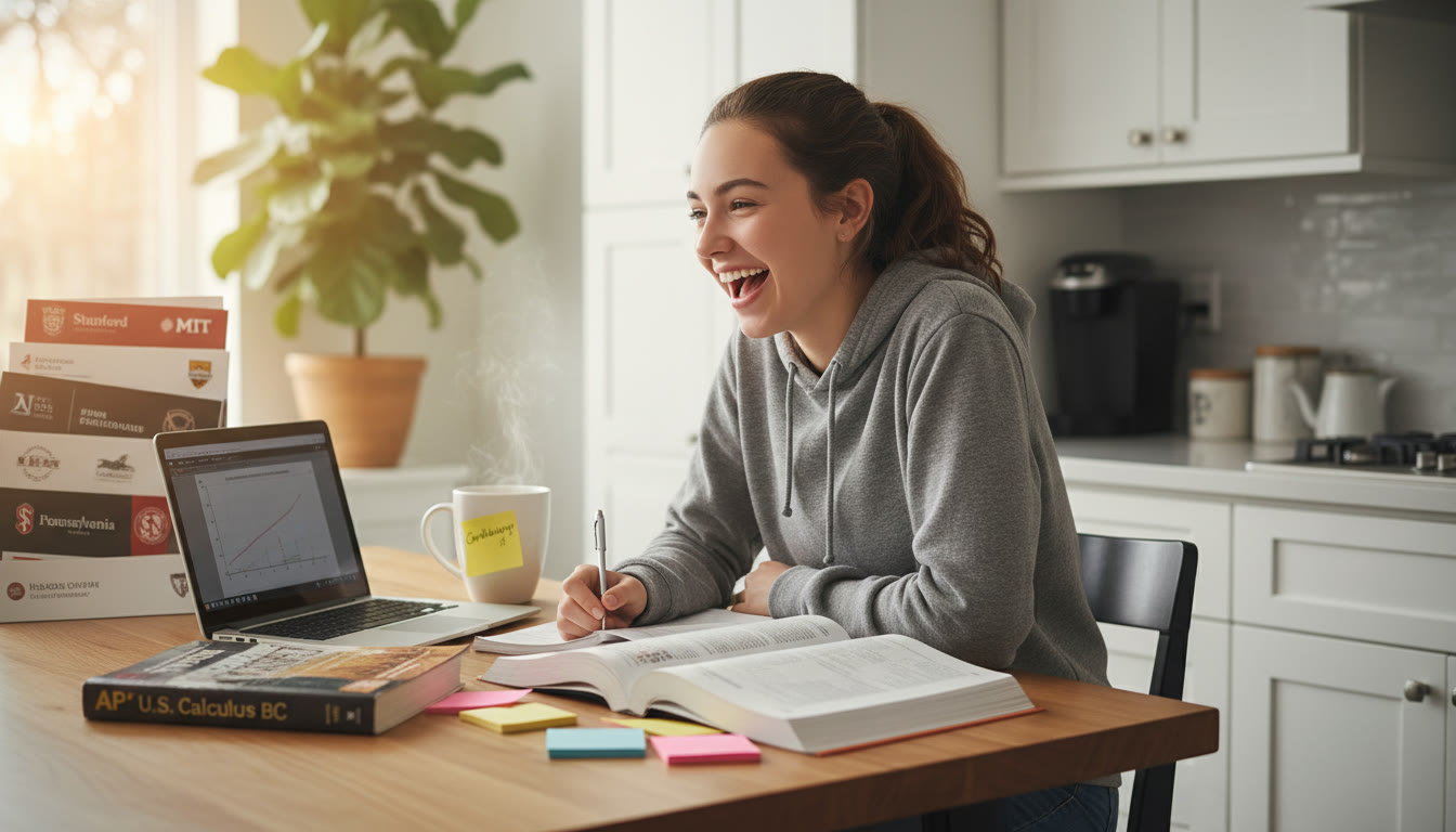 Photo Idea : A bright, candid photo of a high school student studying at a kitchen table with AP textbooks, a laptop, and sticky notes, sunlight catching a stack of college brochures in the background.