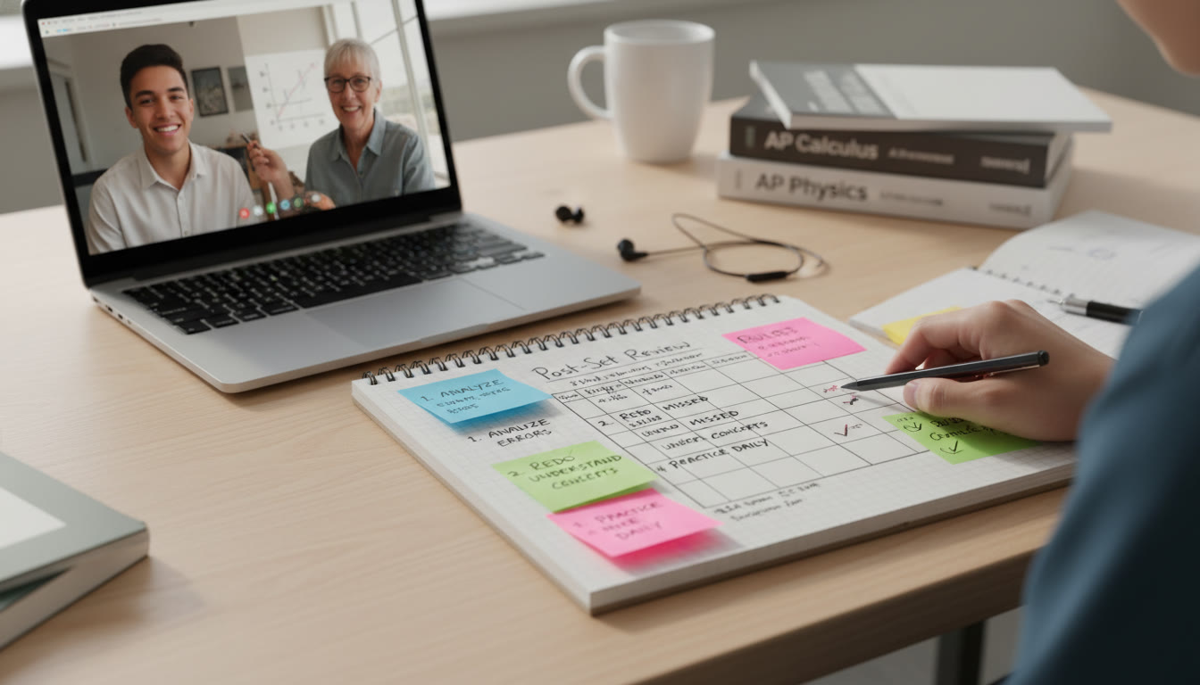 Photo Idea : A close-up of a study notebook with a Post-Set Review table, colorful sticky-note rules, and a laptop showing a tutoring session. Energetic, focused vibe.