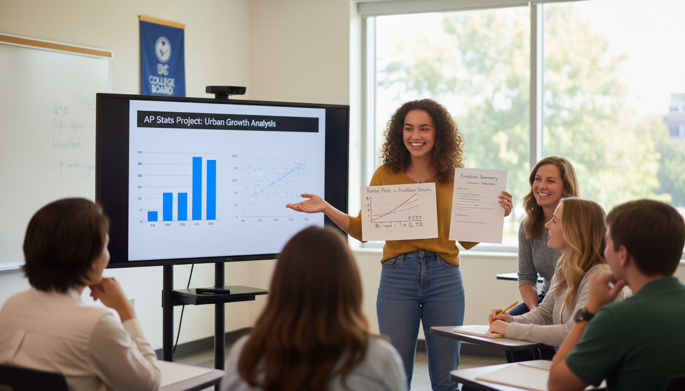 Photo Idea : A student presenting a small poster or slide with a regression plot and a short one-page memo—shows how AP Stats skills translate to real presentations and college applications.