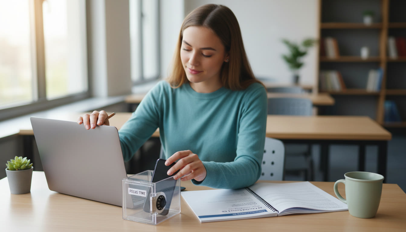 Photo Idea : A calming study vignette showing a student closing a laptop, placing a phone in a locker box, and opening a paper practice test. The image emphasizes rituals for exam day and ethical boundaries.