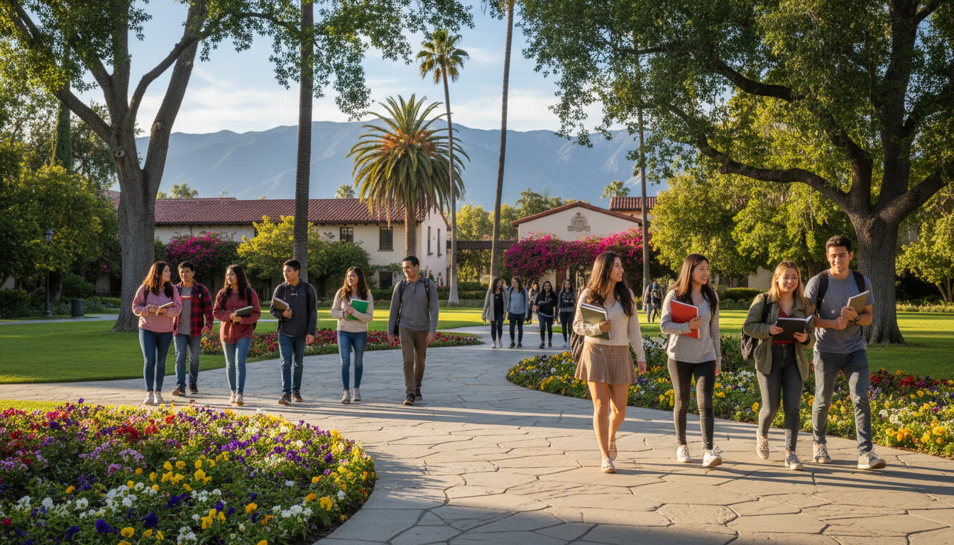 Photo Idea : A sunlit campus pathway at Pomona with a diverse group of students walking between classes, books in hand — conveys community, movement, and academic purpose.