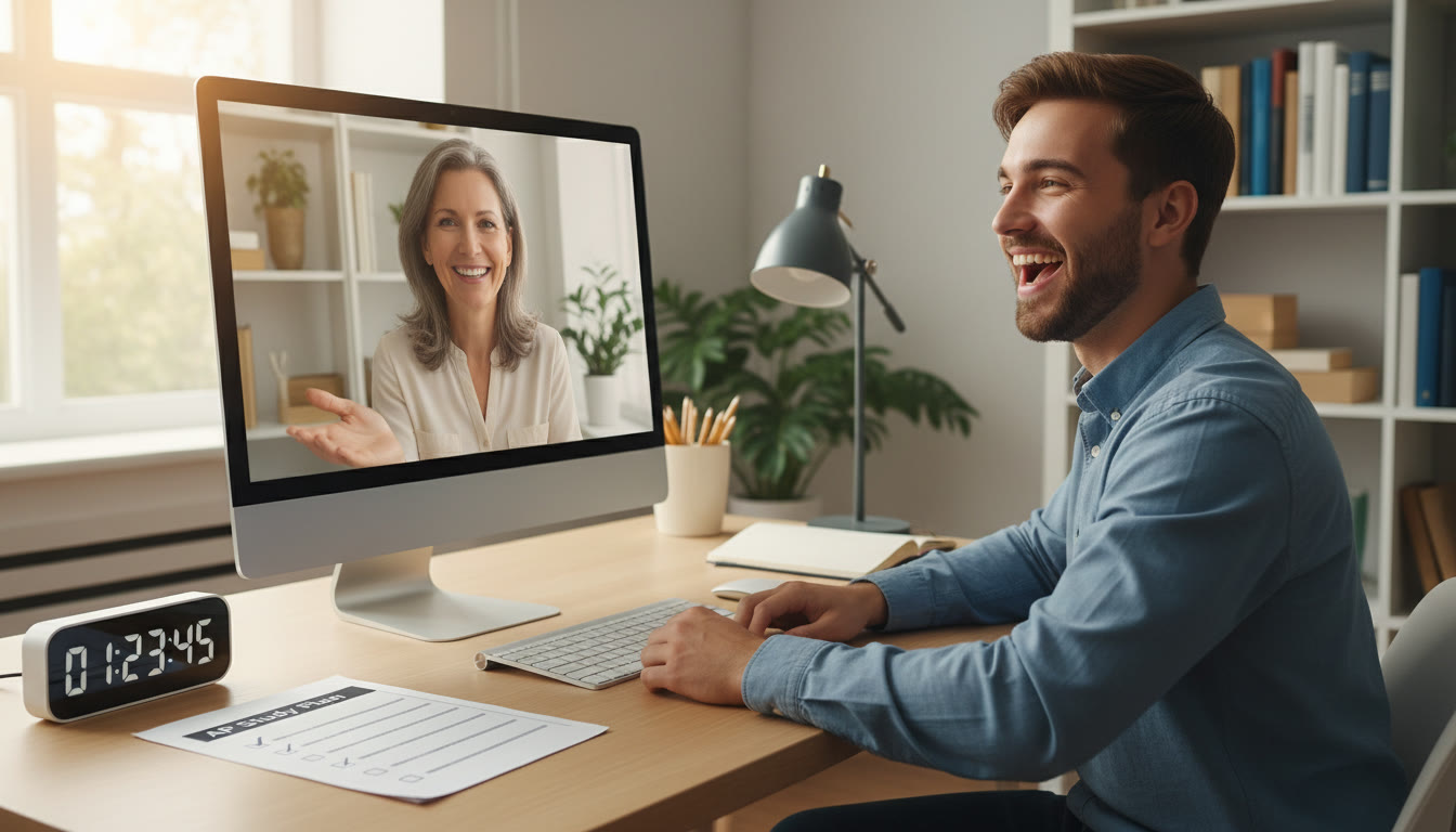 Photo Idea : Student smiling at a computer with a tutor on screen; the setup shows a tidy desk, a timer, and a printed checklist. This emphasizes remote 1-on-1 tutoring and calm structure.