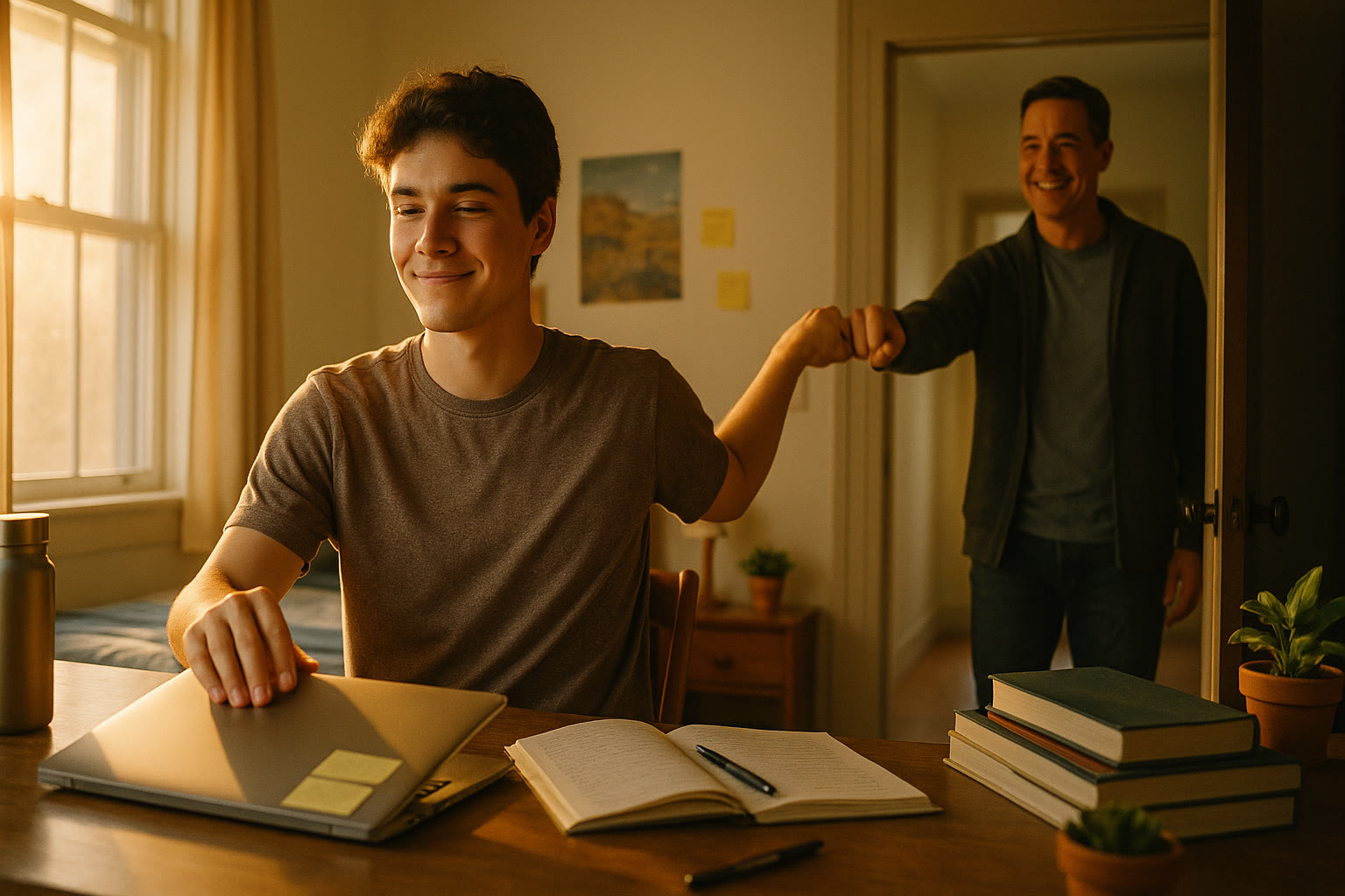 Photo Idea : A hopeful late-afternoon scene of a student closing a laptop after a study session, with a parent offering a supportive fist-bump through a doorway.