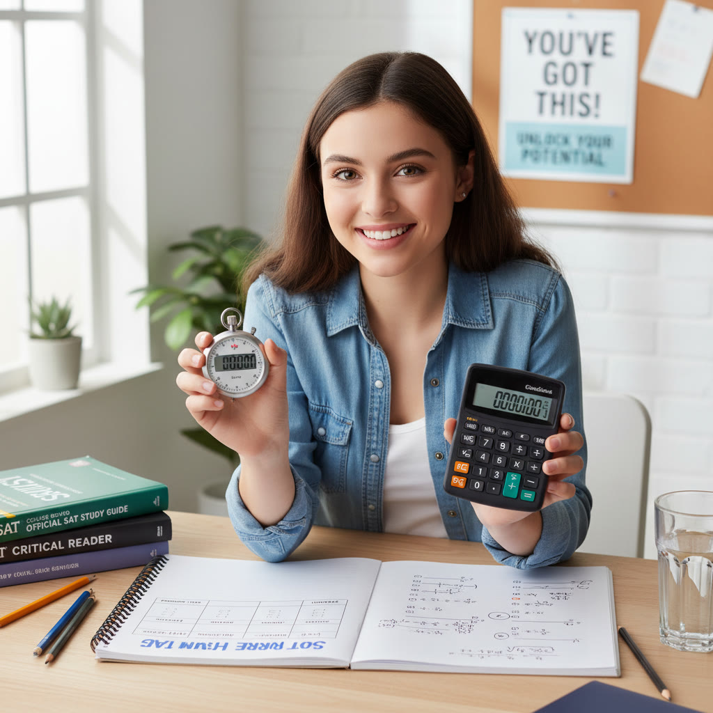 Photo idea: A calm student at a desk, stopwatch in hand, solving SAT-style math problems with a graphing calculator and a notebook showing an error log.