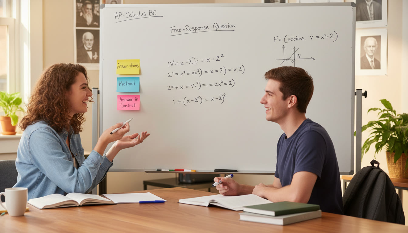 Photo Idea : A tutor and student reviewing an AP Calculus BC free-response question on a whiteboard, with sticky notes showing a plan: 