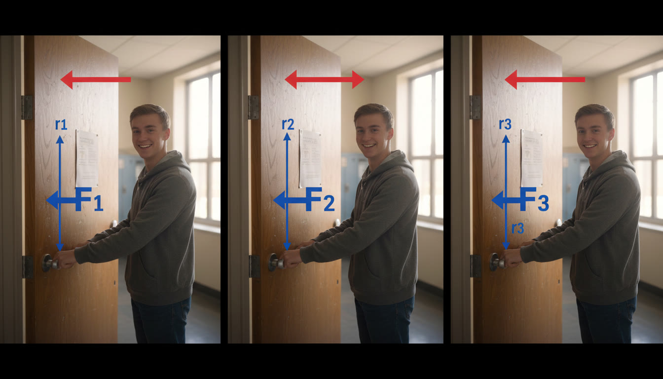 Photo Idea : A student pushing a door at various distances from the hinge; arrows show force direction and a curved arrow indicates the resulting rotation. Capture from slightly above to show the hinge, force vector, and the radius r.