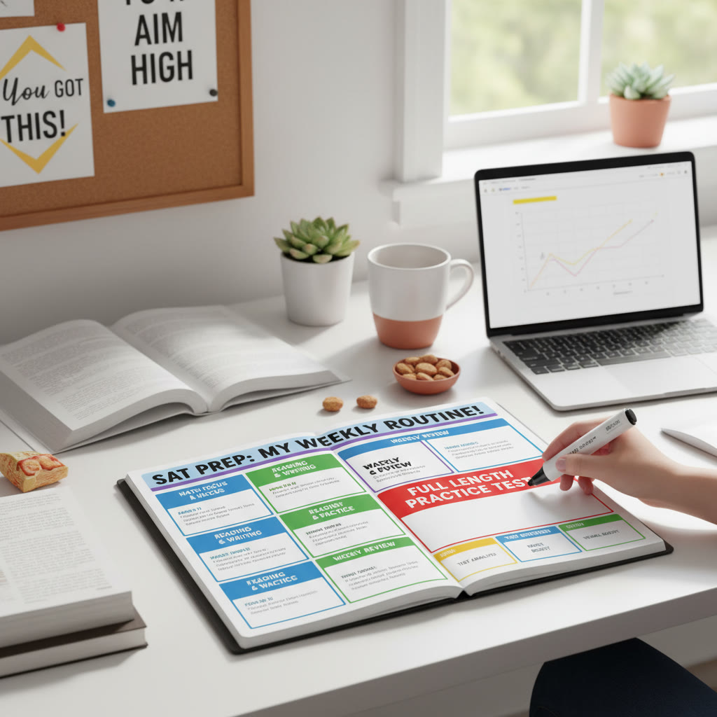Color-coded weekly planner highlighting focused study blocks, a weekend practice test, and review sessions—clean visual of realistic study rhythm.