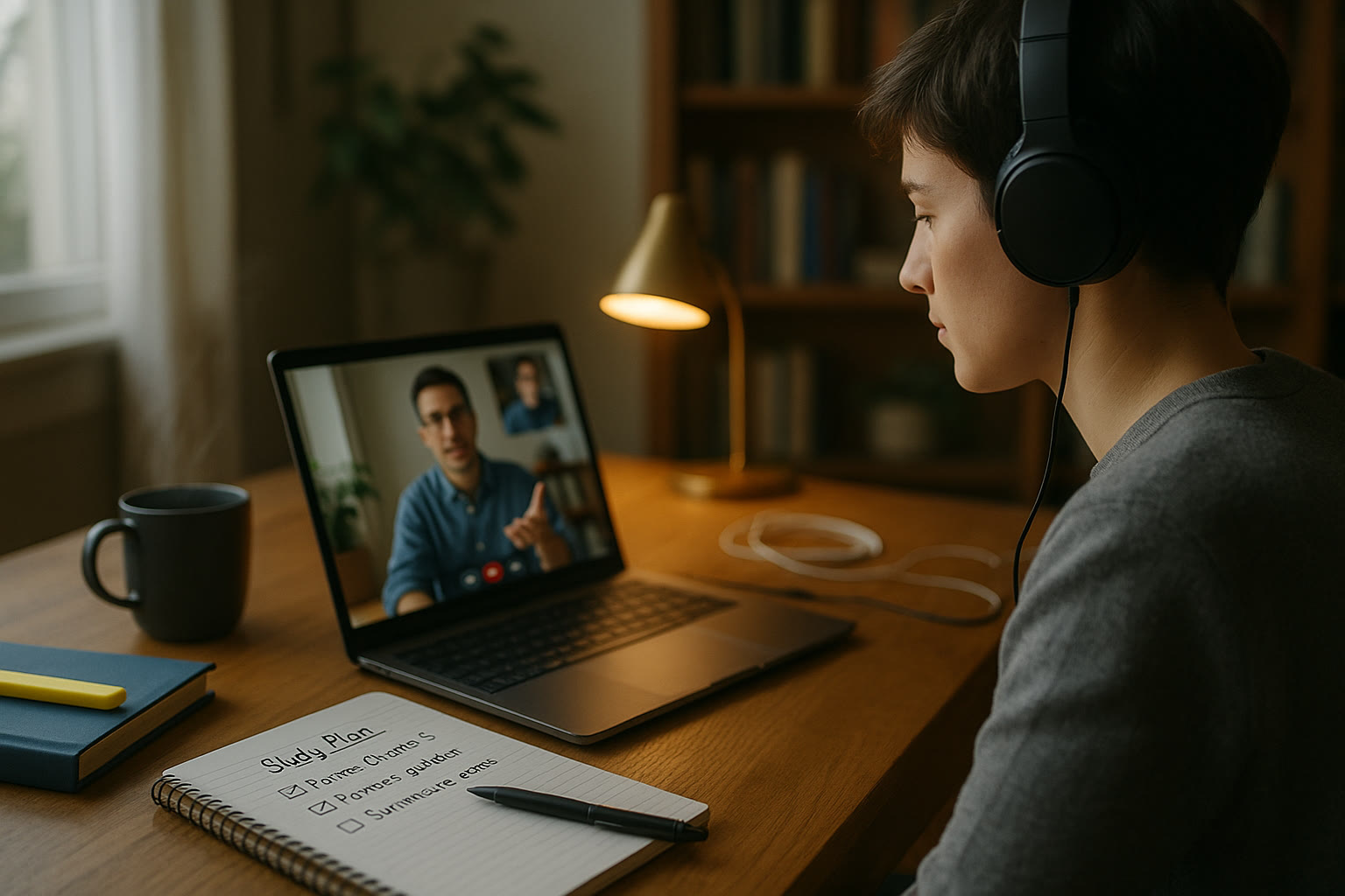 Photo Idea : A student in a quiet study space using a tablet or laptop with an online tutor in a small window; a notepad shows a study plan and checklist.