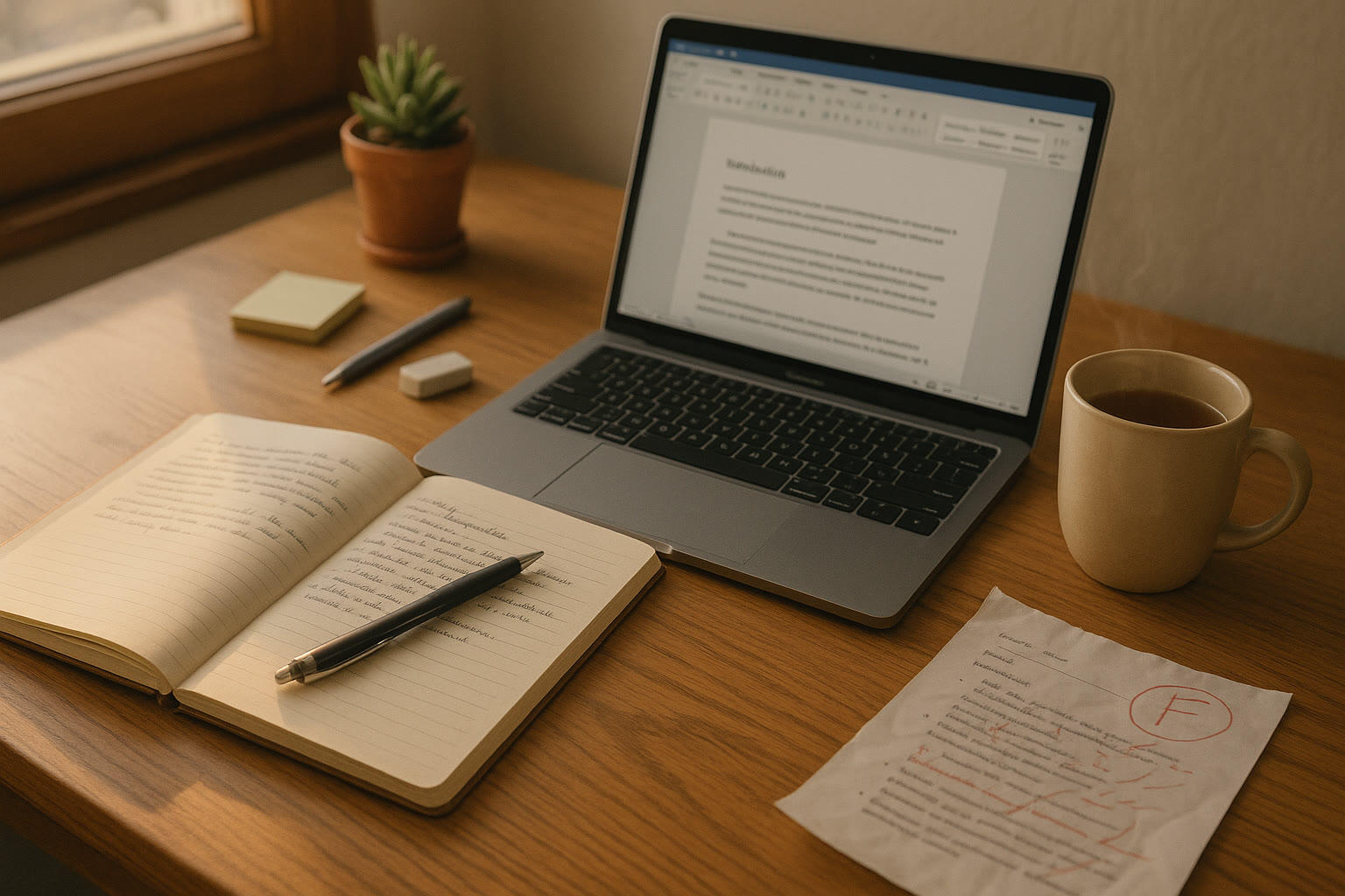 Photo Idea : A calm study corner with a notebook, a laptop showing a draft essay, and a cup of tea — representing thoughtful, steady work after a disappointing test result.