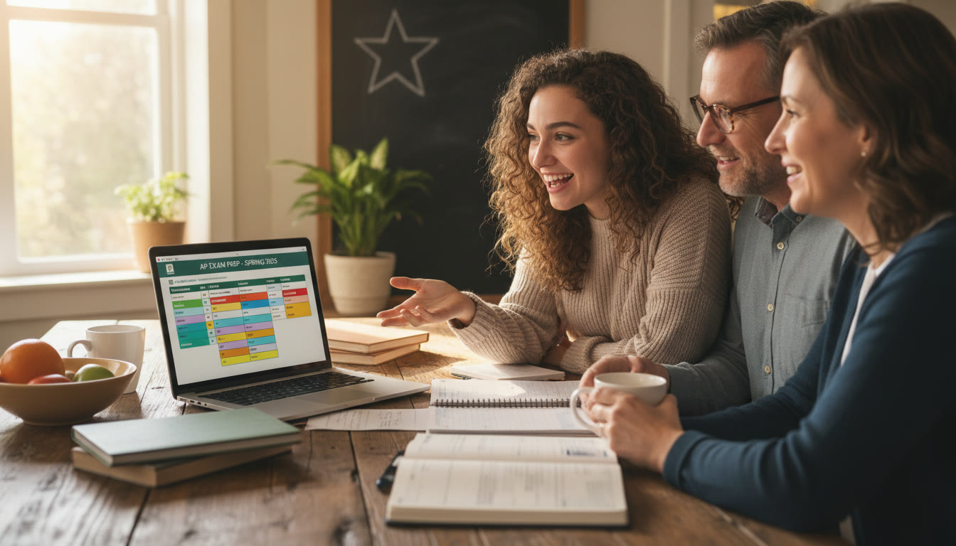 Photo Idea : A family at a kitchen table, student explaining their decision while parents listen, open planners and a laptop showing a study schedule—warm, supportive atmosphere to illustrate collaborative decision-making.