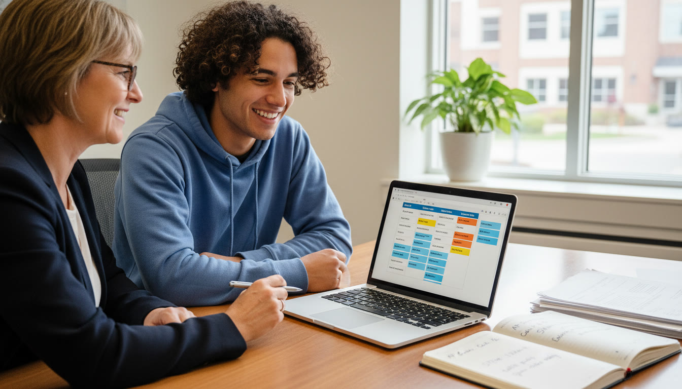 Photo Idea : A student meeting with an academic advisor in a bright office, a laptop displaying a quarter-by-quarter plan, and notes about AP scores and course sequencing. The image should feel hopeful, organized, and collaborative.