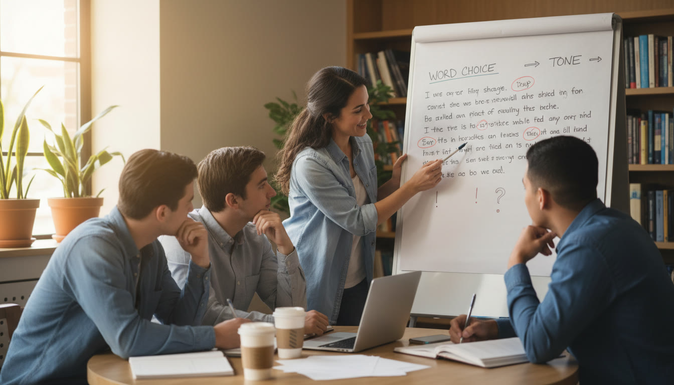 Photo Idea : A small study group with a tutor pointing at a passage on a whiteboard, discussing word choice and tone. Warm, collaborative vibe to show personalized coaching in action.