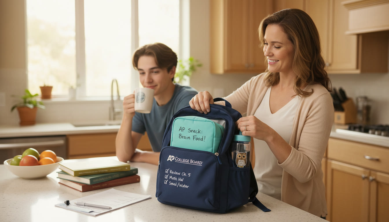 Photo Idea : A calm kitchen morning scene—a parent placing a small insulated bag with a labeled snack and a full water bottle into a teenager’s backpack. Natural light, soft colors, and a visible checklist on the counter.