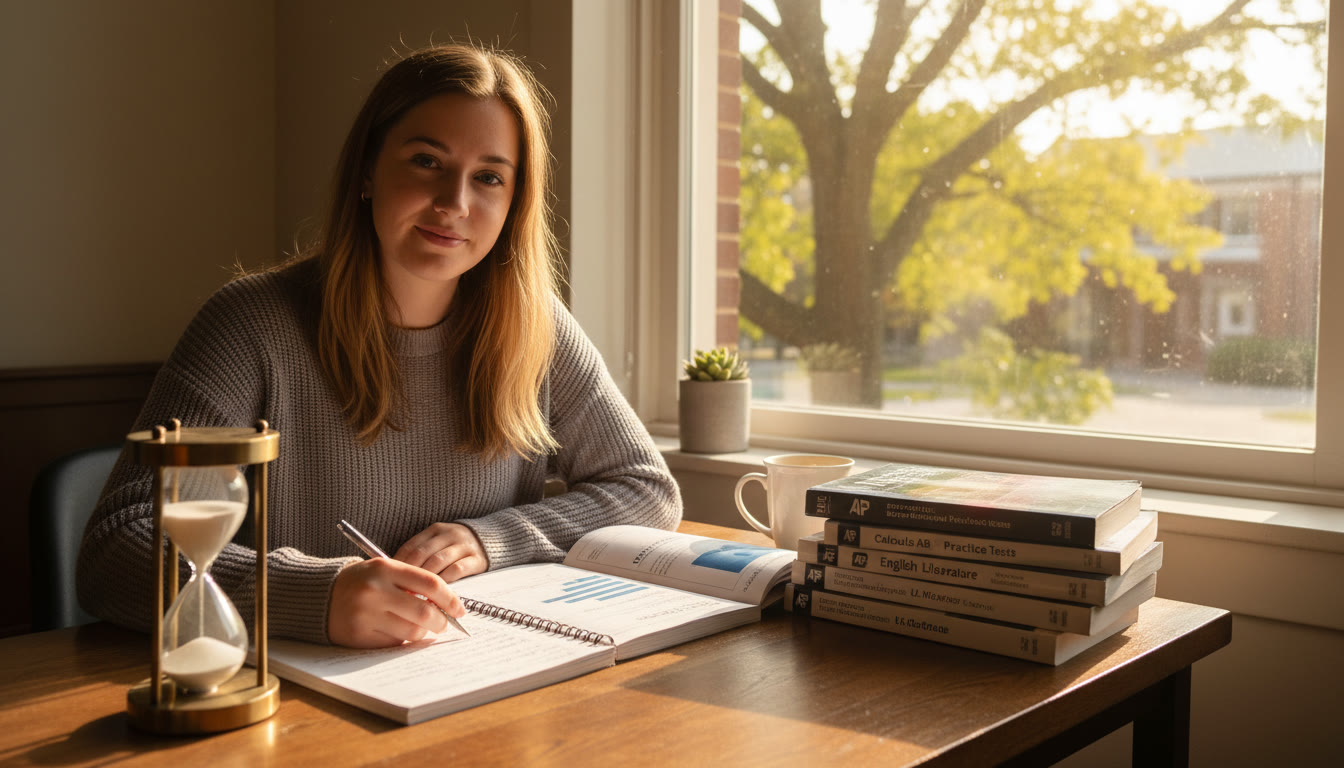Photo Idea : Top 30% placement — A calm study nook with a student at a desk, a timer visible, College Board materials and a notebook open, sunlight through a window to evoke focused, peaceful work.