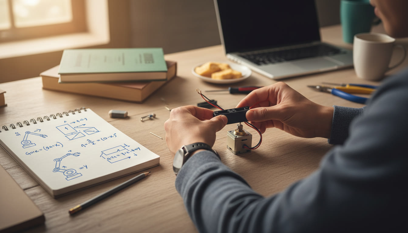 Photo Idea : A close-up of a student’s hands building a small prototype (3D-printed bracket + motor) next to a notebook with sketched force diagrams — evokes maker spirit and ties physics to design.