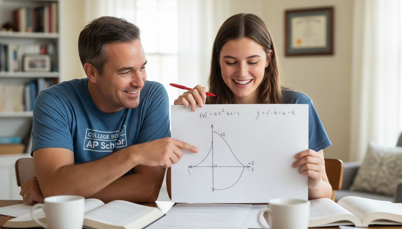 Photo Idea : A parent and student discussing a hand-drawn graph on paper, pointing at the vertex and annotating shifts — candid, supportive moment showing teamwork.