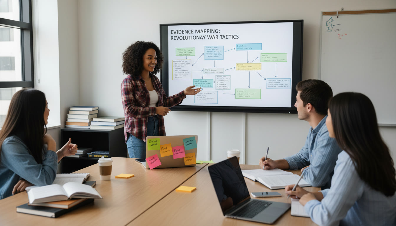 Photo Idea : A student presenting research to peers with sticky notes and a laptop projected slide showing evidence mapping — ideal for the section on oral presentation practice and peer feedback.