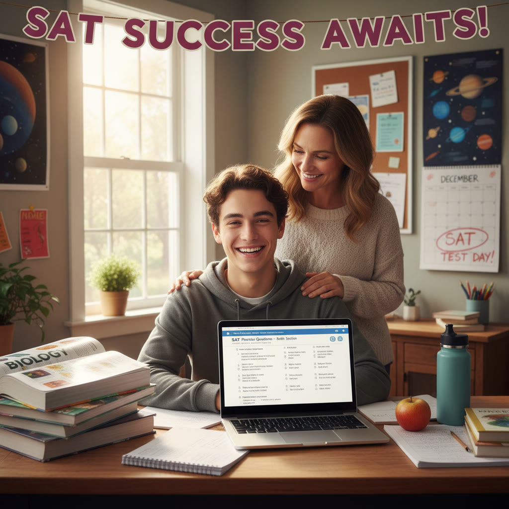 Photo Idea : A bright, candid photo of a high school student studying at a desk with biology textbooks, a laptop open to practice SAT questions, a calendar with test date circled, and a parent nearby offering a supportive smile.