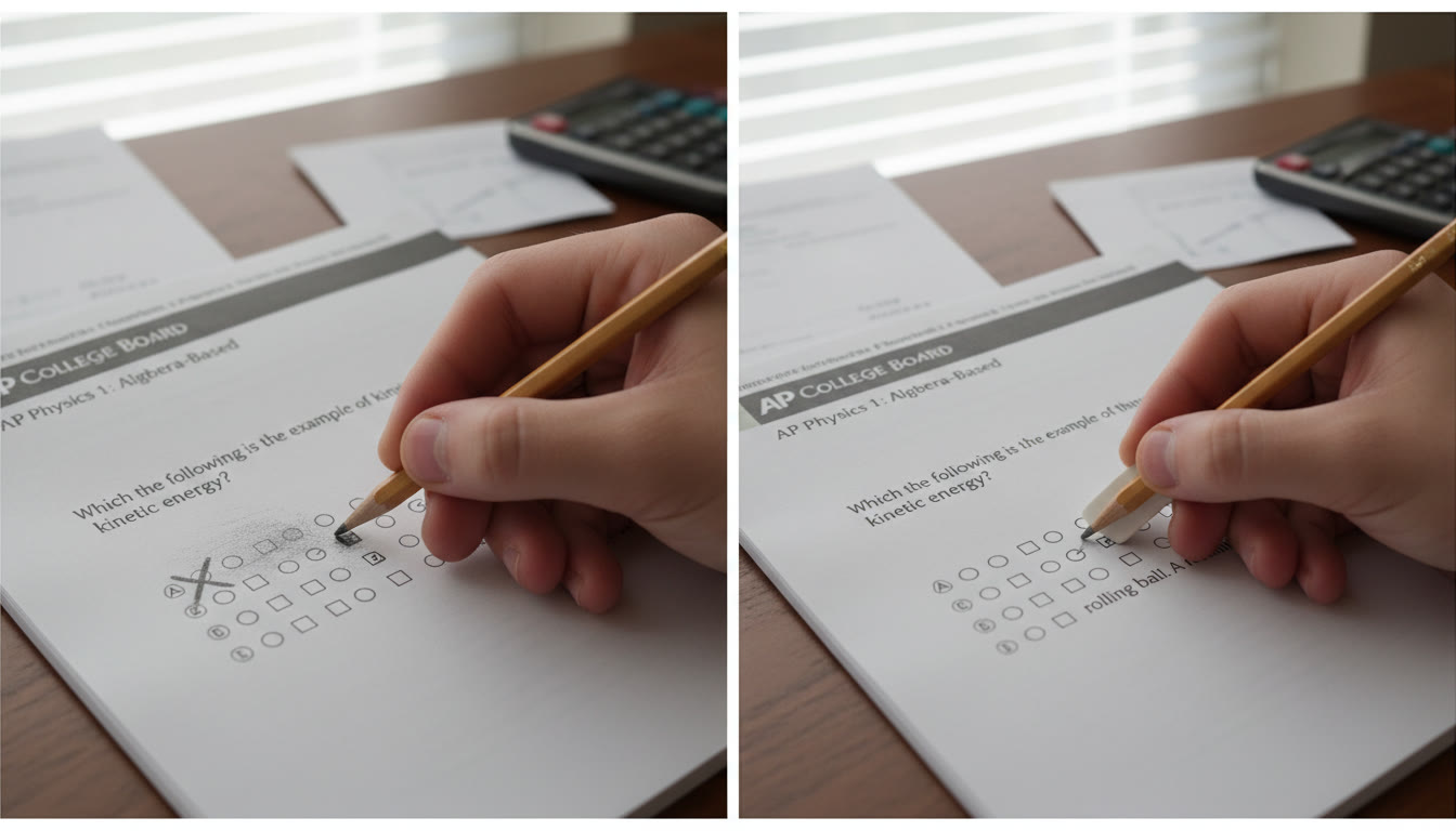Photo Idea : A close-up of a student’s hand holding a pencil over an AP exam booklet; one answer crossed out with an X, another neatly erased — split-frame visual showing both techniques.
