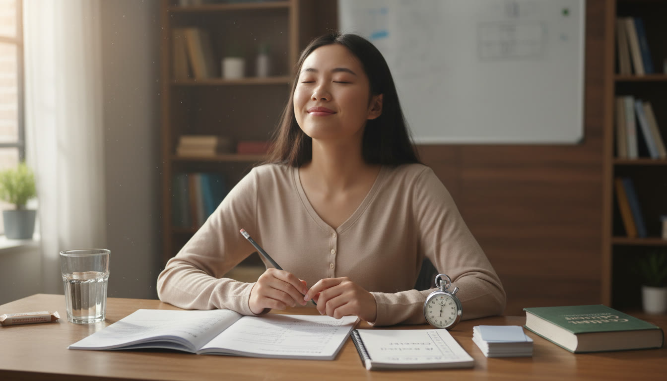 Photo Idea : A calm student at a desk, mid-test, taking a deep breath with a stopwatch and neatly organized notes nearby. Emphasize the quiet moment of resetting and the tools that support focus (pencil, watch, checklist).