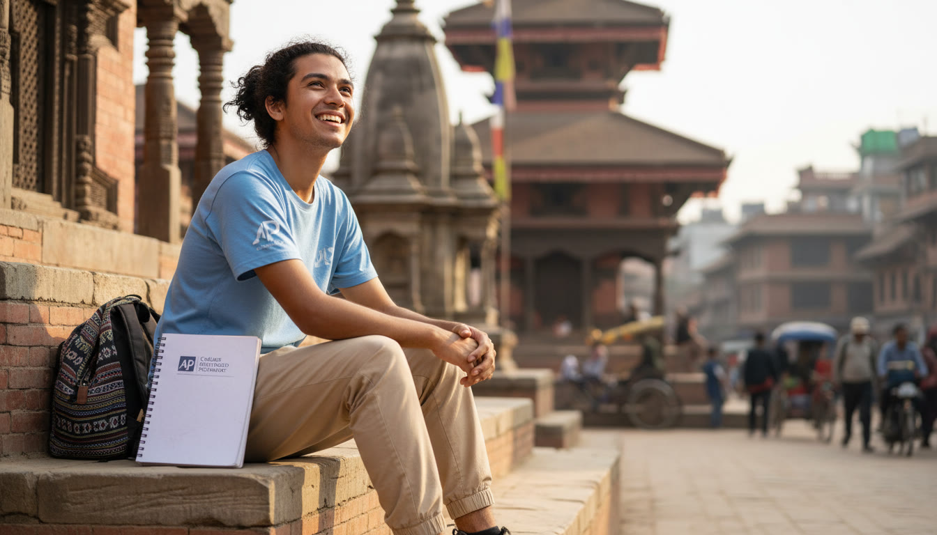 Photo Idea : A candid shot of a student sitting on temple steps in Kathmandu, notebook closed beside them, smiling as they look up from their study—captures the idea of study and travel blending.