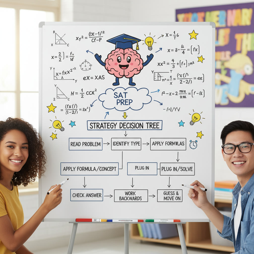Concept visualization idea: a whiteboard with math equations, arrows, and a flowchart labelled