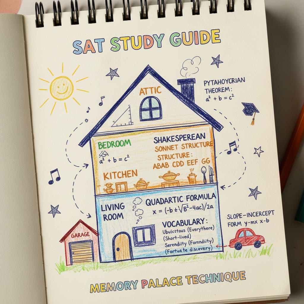 Photo idea: A close-up of a memory palace sketch — a simple house diagram with labeled rooms representing math formulas and vocabulary items; colorful, easy-to-follow.