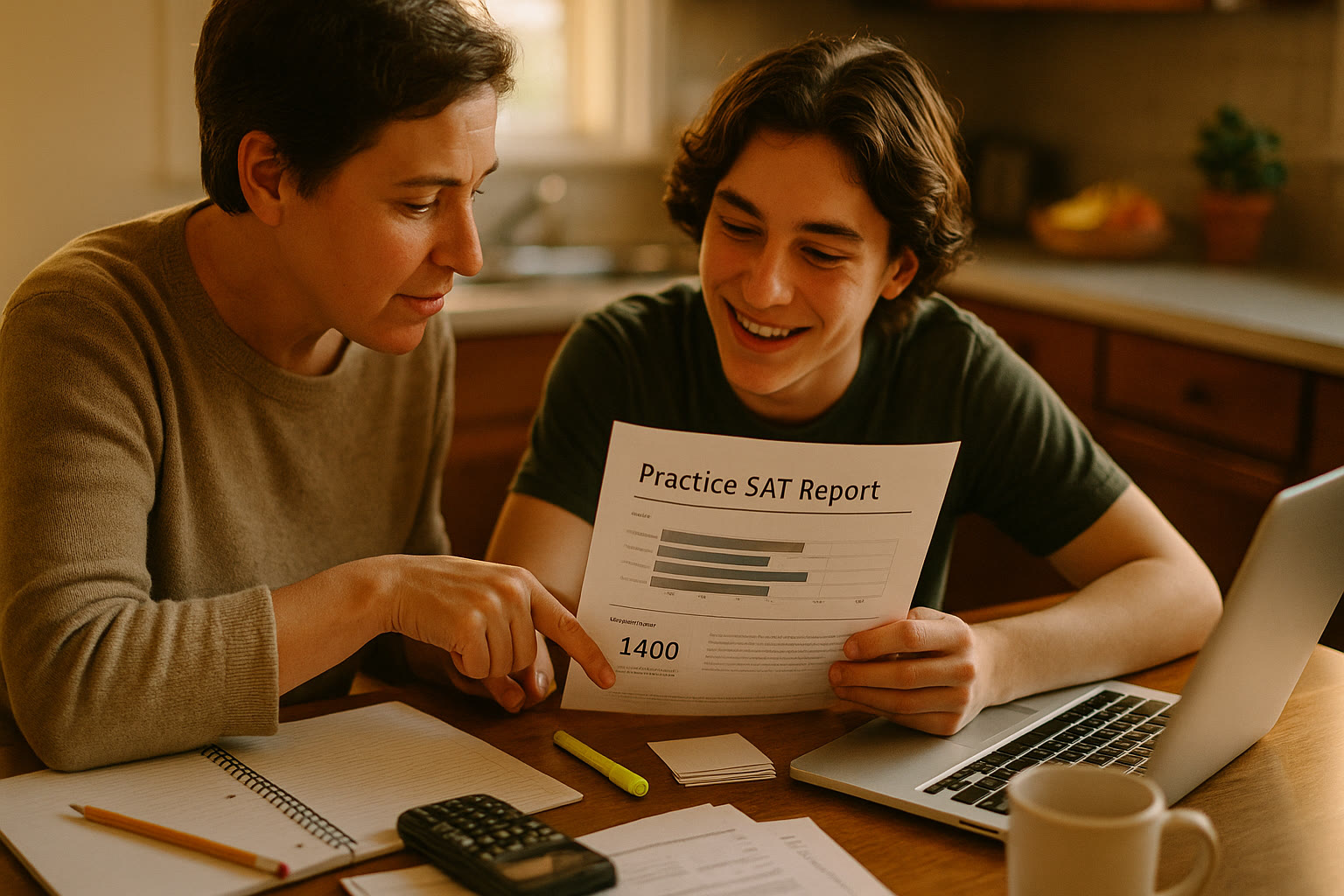 Photo Idea : A candid, warm photo of a parent and teen reviewing a practice SAT report together at a kitchen table, natural light, study materials spread out.