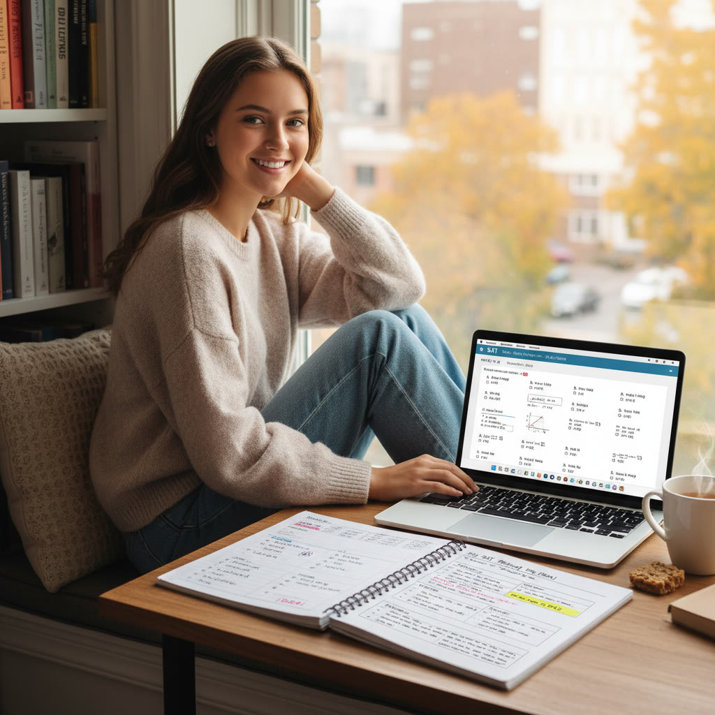 Photo Idea : A high school senior studying at a window seat with a laptop showing practice SAT questions and a notepad with a personalized study plan laid out.