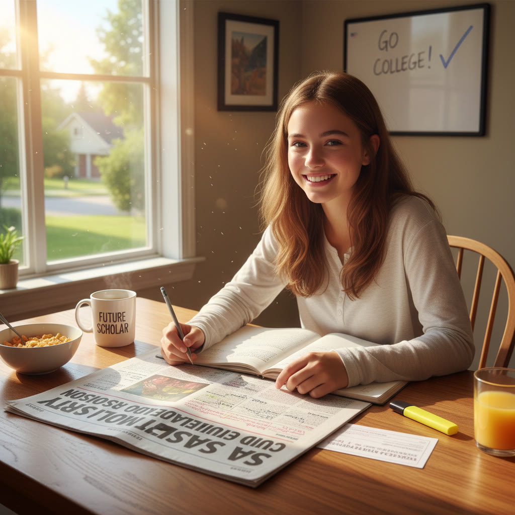 Student sitting at a kitchen table reading a printed newspaper with notes and a highlighter nearby, sunlight coming through a window