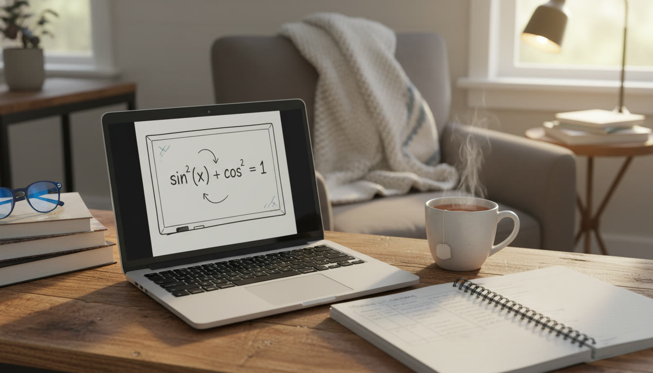 Photo Idea : A cozy study scene with a laptop showing a whiteboard-style explanation of a trig identity, an open notebook with an error-log table, and a mug of tea—conveys deliberate, focused study and steady progress.