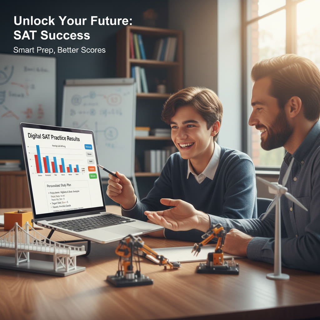 Photo Idea : A student meeting one-on-one with a tutor over a laptop, reviewing Digital SAT practice results and a personalized study plan, with engineering models on the desk.