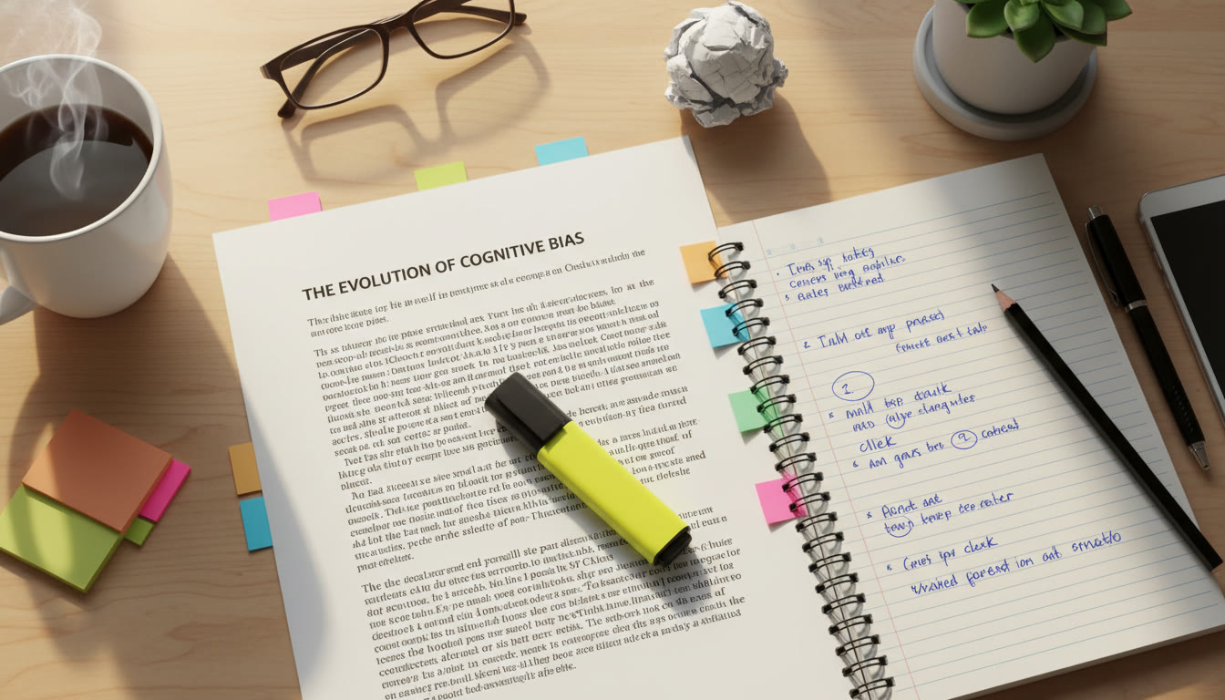 Photo Idea : A top-down shot of a student’s desk with a printed nonfiction passage, a highlighter, colored sticky tabs, and handwritten notes—warm, natural lighting, casual but focused.