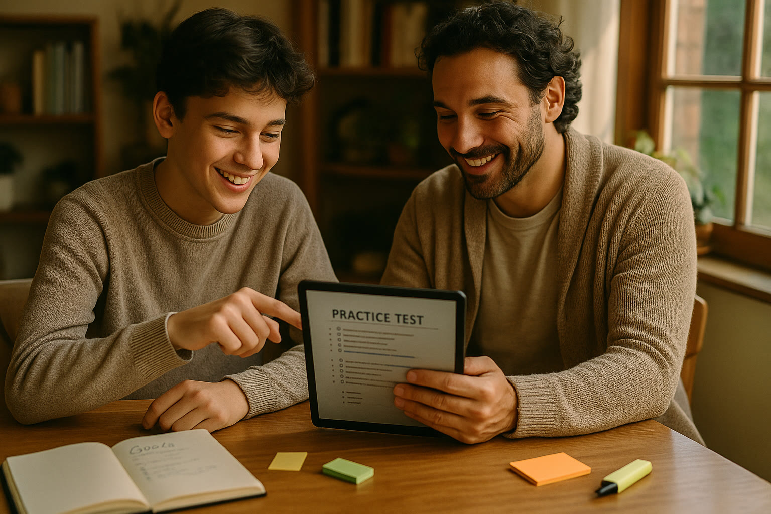 Photo Idea : A warm photo of a student and a tutor (or parent) reviewing a practice test on a tablet, relaxed and smiling, with a notebook of goals nearby.