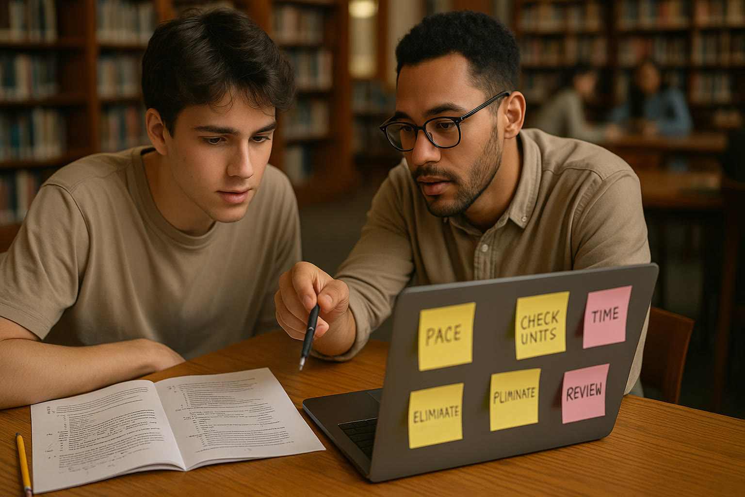 Photo Idea : A student in a library with a tutor over a laptop, an annotated practice test open, sticky notes of strategies visible — capturing collaboration, strategy, and focus.