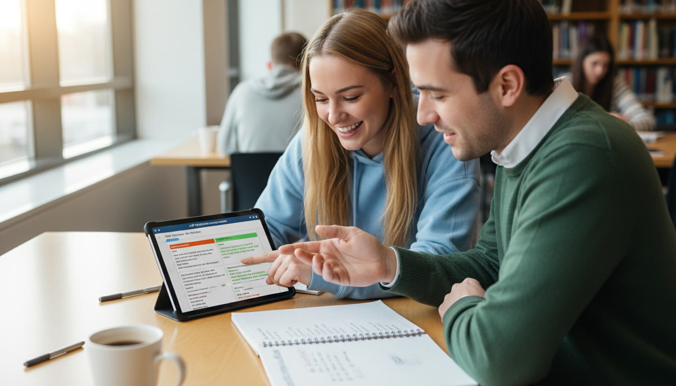 Photo Idea : A student and a tutor reviewing a rubric together on a tablet, pointing at sample responses, with a notebook of CED-based checklists visible; warm, collaborative vibe.