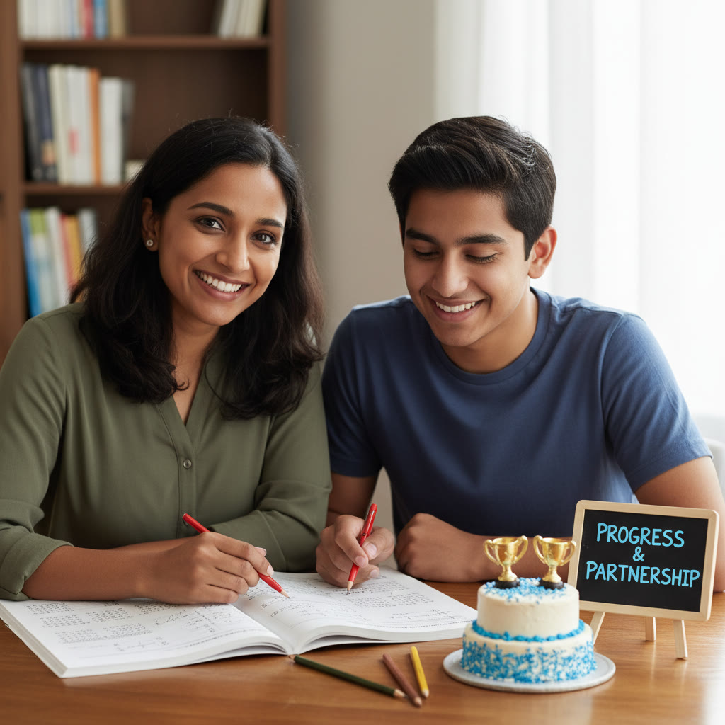 Photo idea: A tutor and a student reviewing a practice test together with a small celebratory treat on the table to signify progress and partnership.