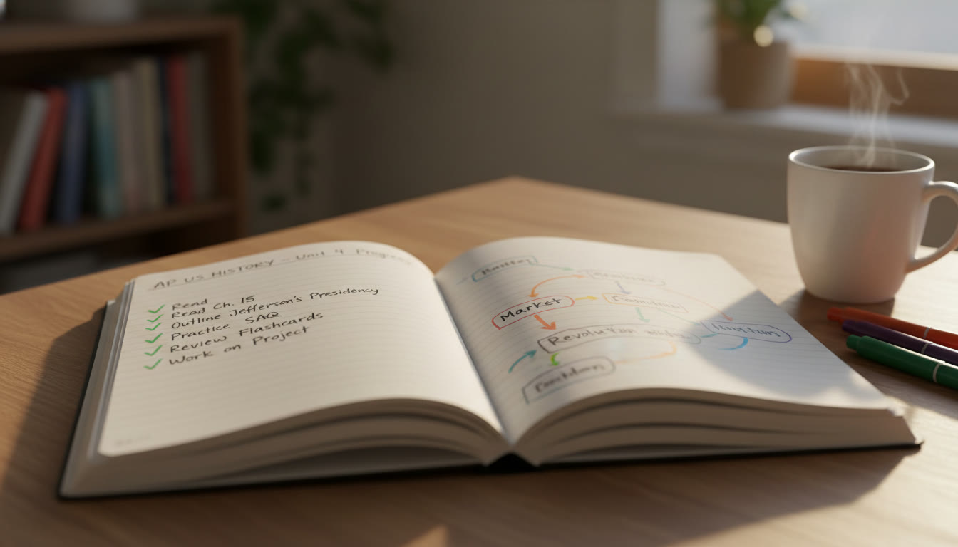Photo Idea : A close-up of a student’s notebook with neat, small progress marks (like ticks) on daily goals; warm natural light, cozy study vibe.