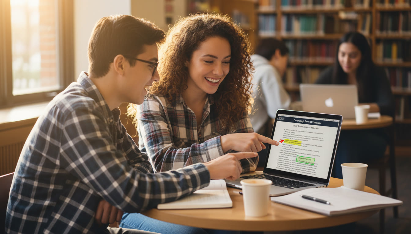 Photo Idea : A tutor and a student reviewing an annotated essay on a laptop screen, pointing at highlighted thesis and document groups — warm light, engaged expressions.