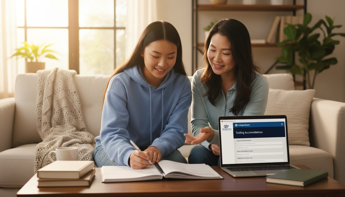 Photo Idea : A calm study scene with a student and parent reviewing a planner and a laptop showing a testing accommodations portal. Natural lighting, warm tones   conveys partnership and planning.