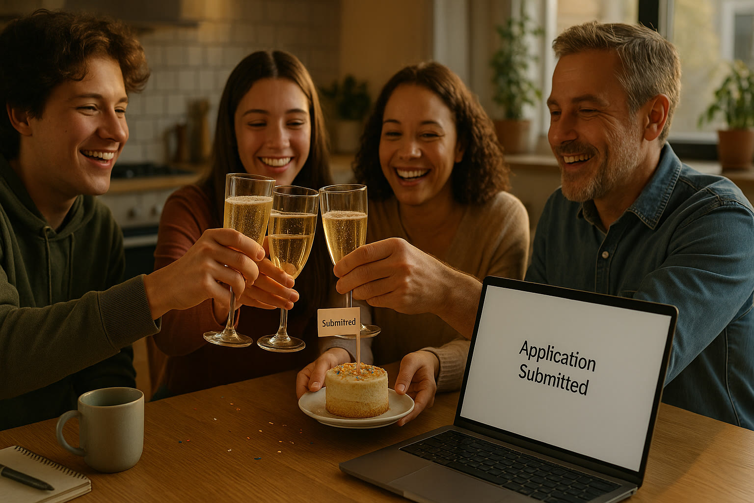 Photo Idea : A relaxed celebration scene: family clinking glasses or sharing a small cake after an application is submitted, symbolizing teamwork and relief.