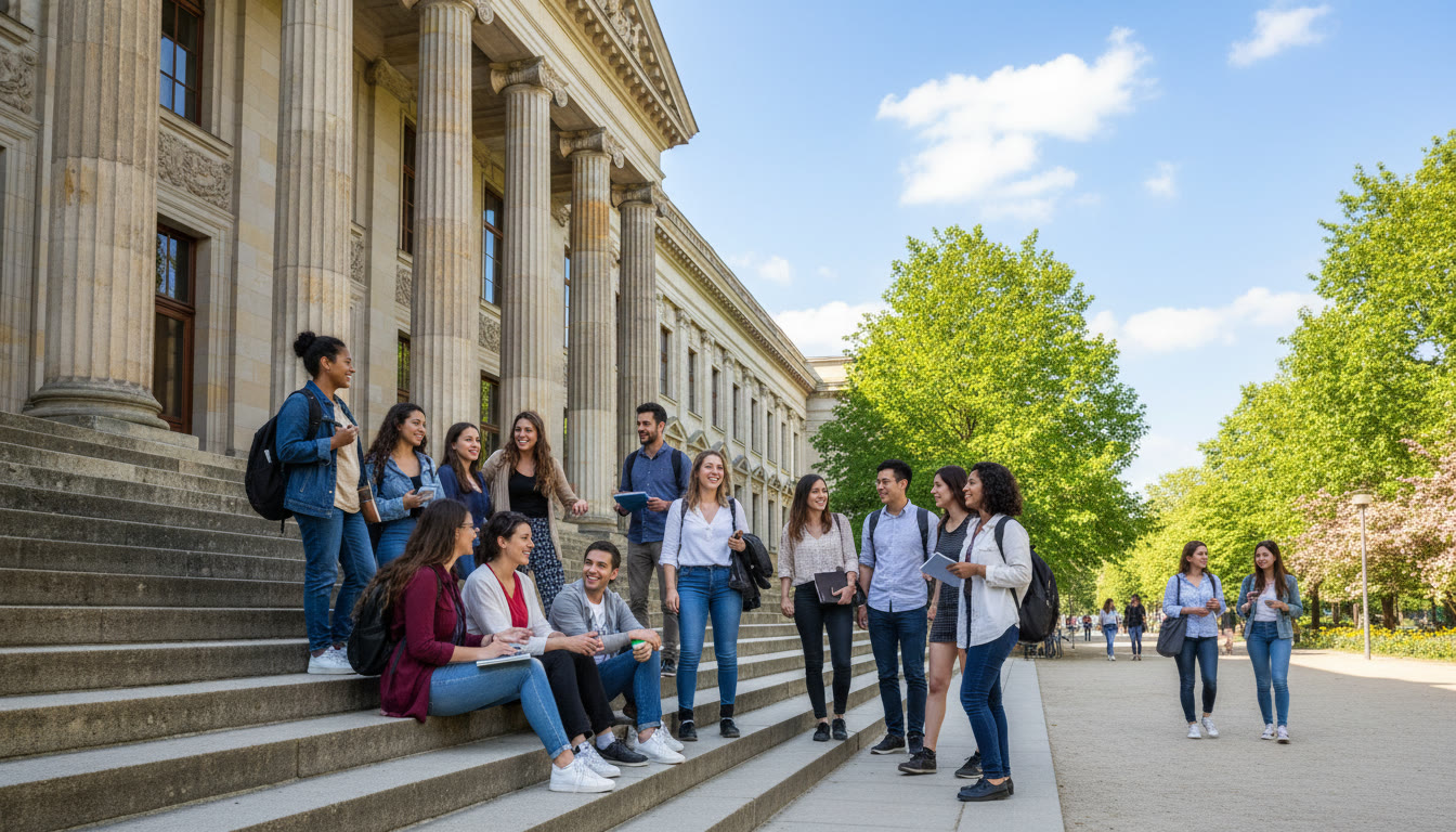 Photo Idea : A bright, welcoming photo of Humboldt University’s main building with international students chatting on the steps — conveys historic prestige and friendly campus life.