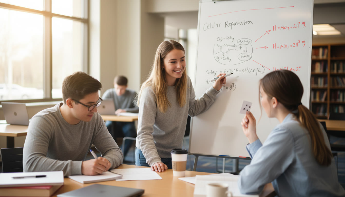 Photo Idea : A small group tutoring session where a tutor explains an AP Science concept on a whiteboard while a student practices a problem — conveys the collaborative, targeted nature of effective tutoring.