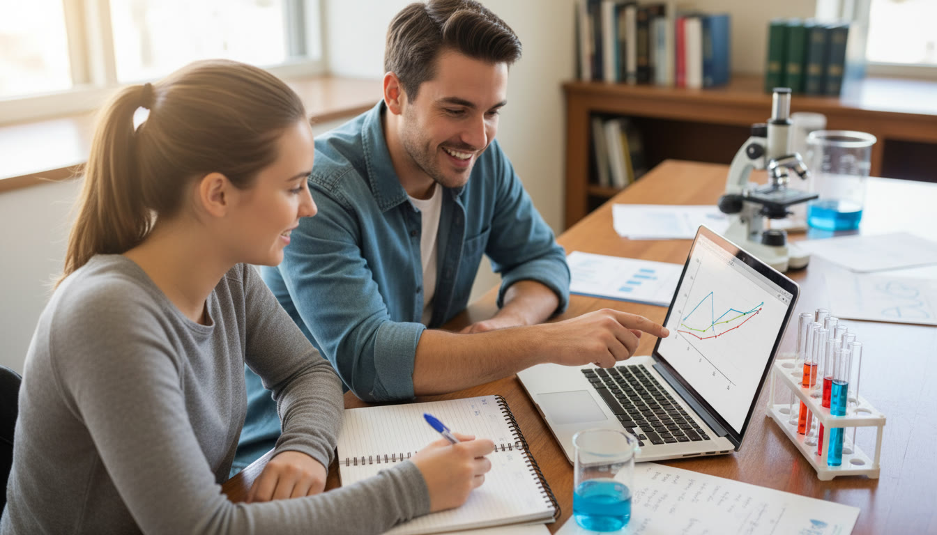 Photo Idea : An overhead, documentary-style photo of a student writing in a lab notebook with a laptop open to a graph, and a tutor (or teacher) pointing at the screen. The image communicates mentorship, personalized feedback, and the integration of data with writing.