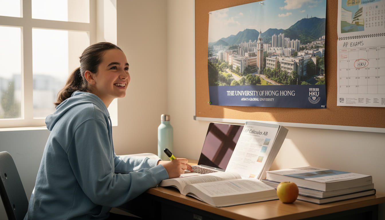 Photo Idea : A bright, candid photo of a high-school student studying at a desk with an HKU campus poster pinned on the wall — evokes ambition and planning.