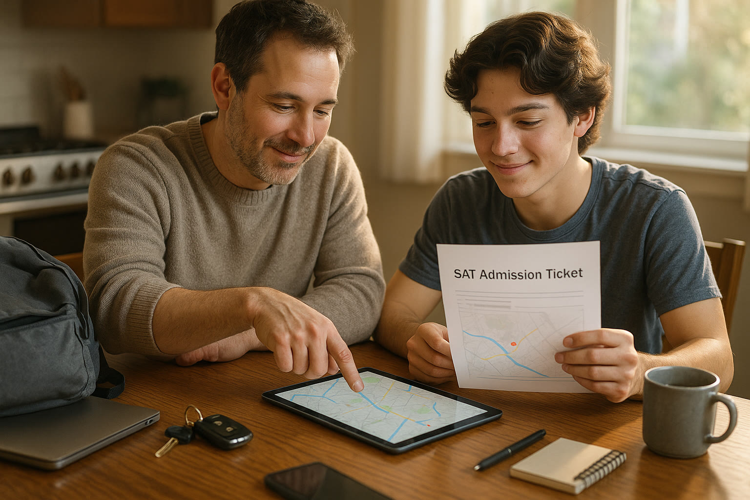 Photo Idea : A parent and teen reviewing a printed SAT admission ticket and a map on a tablet at a kitchen table — sunlight, relaxed expressions, travel items nearby (backpack, keys, charged laptop).