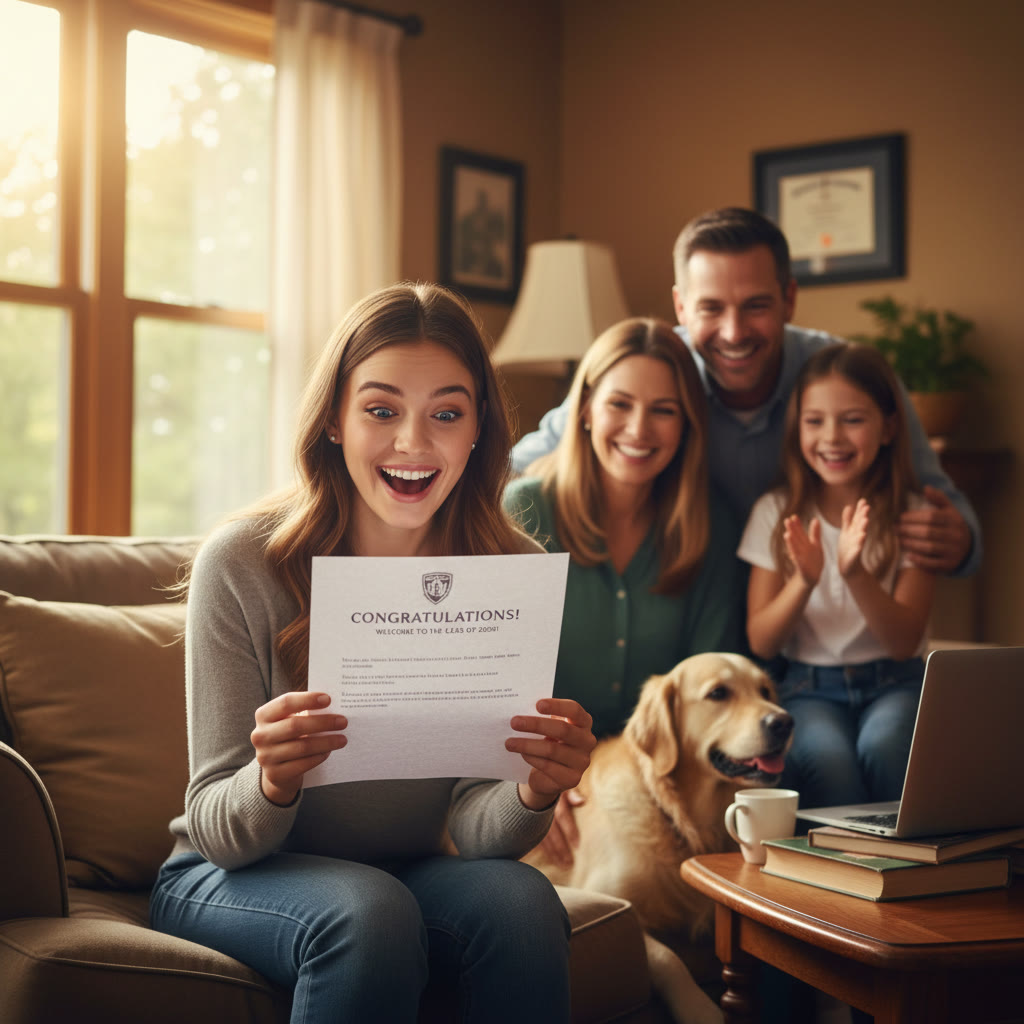 Photo Idea : A relaxed, celebratory photo of a high school senior opening an acceptance letter at home, family members smiling in the background; warm tones and natural expressions.