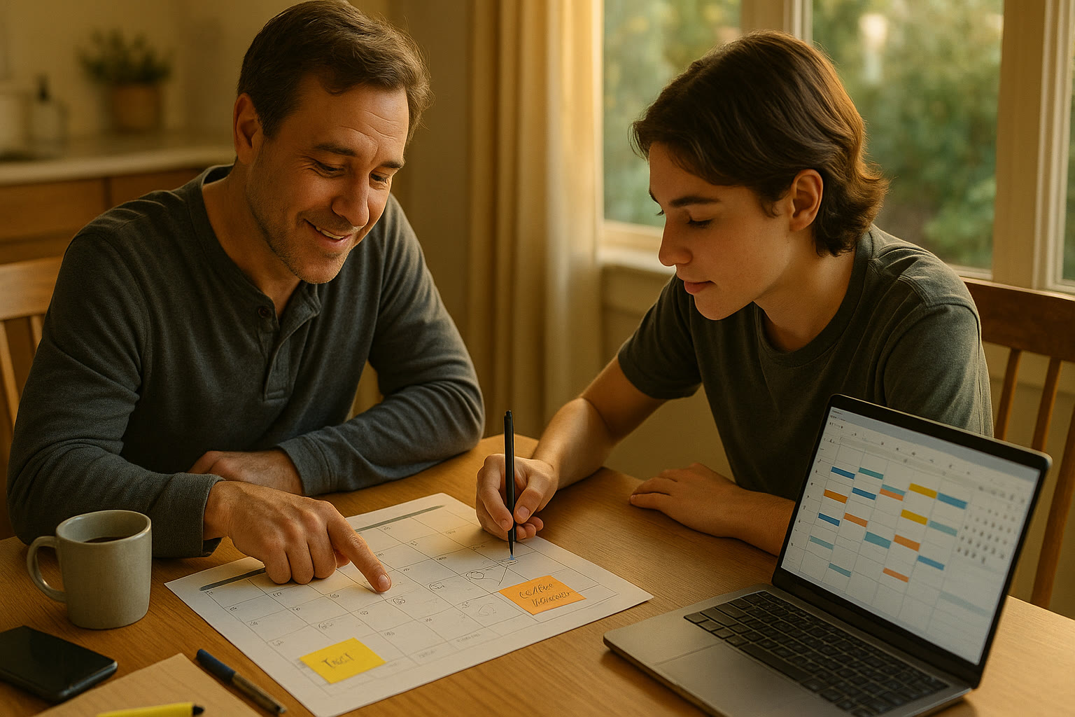 Photo Idea : Parent and teen looking over a calendar together, marking test dates and college deadlines — warm interaction, coffee on the table, laptop showing a calendar app.